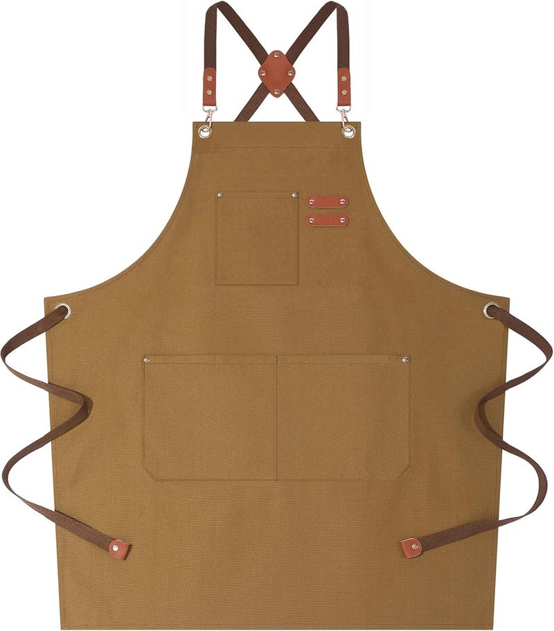 AFUN Chef Aprons for Women Men with Large Pockets, Cotton Canvas Cross Back Water Repellent Work Apron, Size M to XXL (Brown) - Image 1